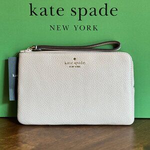 Kate Spade Leila Medium L-Zip Wristlet Wallet Clutch Pebbled Leather Warm Beige